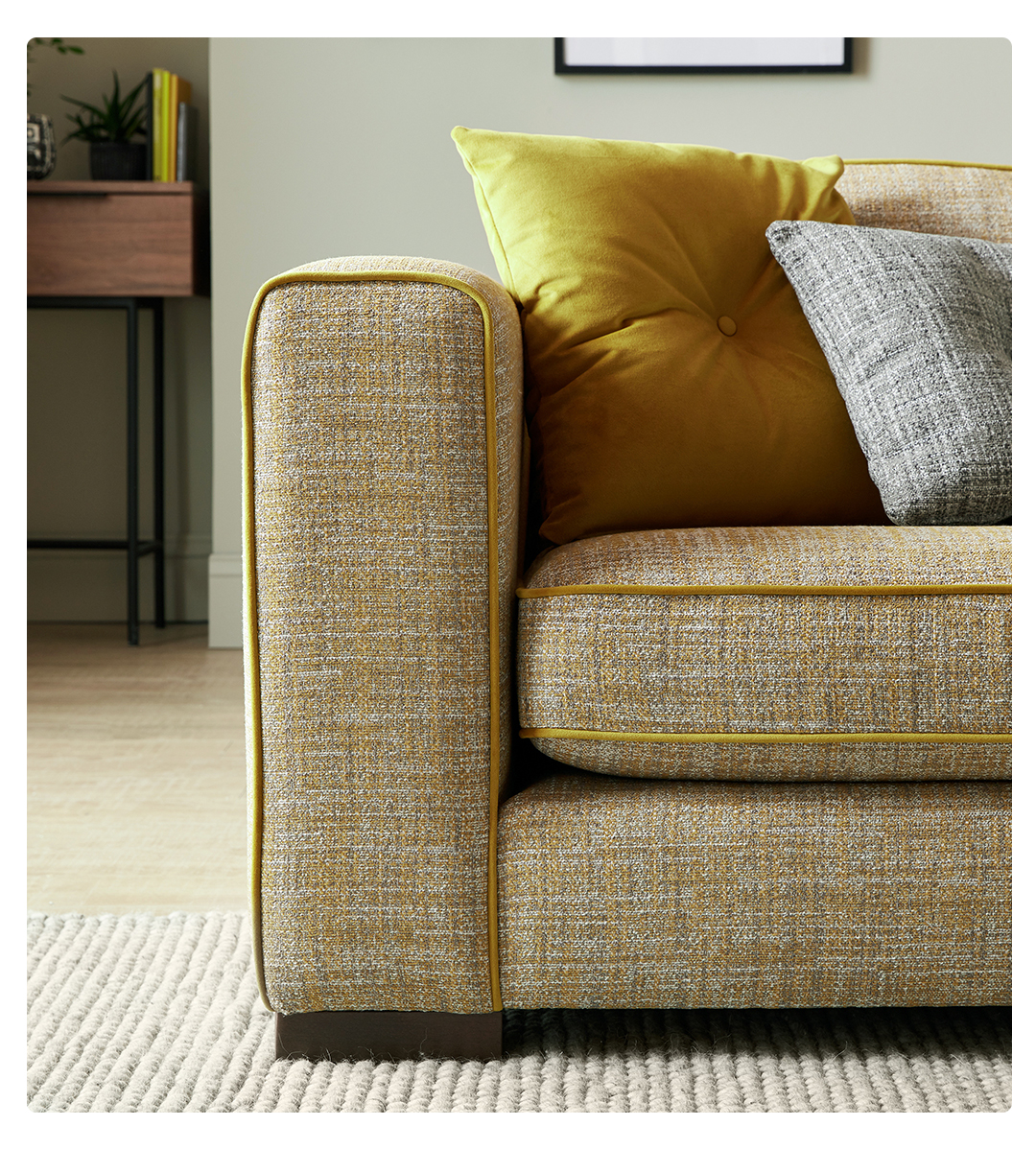 Closeup of the Sofology Glastonbury fabric sofa